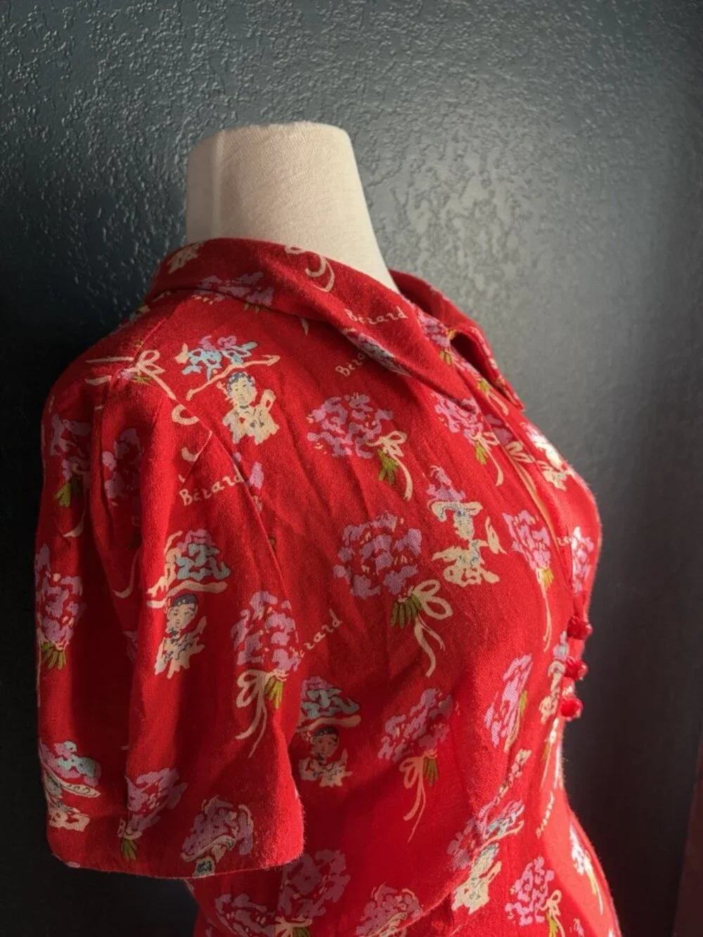 Anna Sui Berard Vintage Tomato Red Floral Dress Sz 6 Short Sleeve 40s inspired - Picture 5 of 12